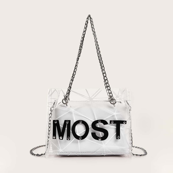 

Letter Patch Decor Clear Chain Tote Bag