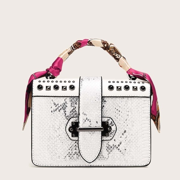 

Twilly Scarf Studded Decor Satchel Bag
