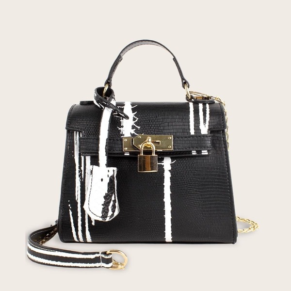 

Metal Lock Decor Satchel Bag, Black and white
