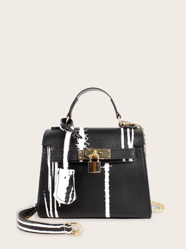 

Metal Lock Decor Satchel Bag, Black and white