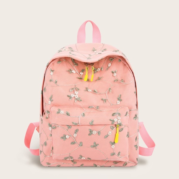 

Floral Embroidered Pocket Front Backpack, Pink