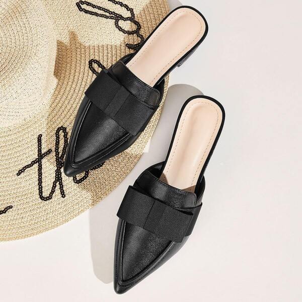 

Point Toe Bow Decor Flat Mules, Black