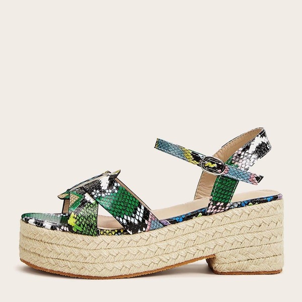 

Snakeskin Print Buckle Strap Espadrille Wedges