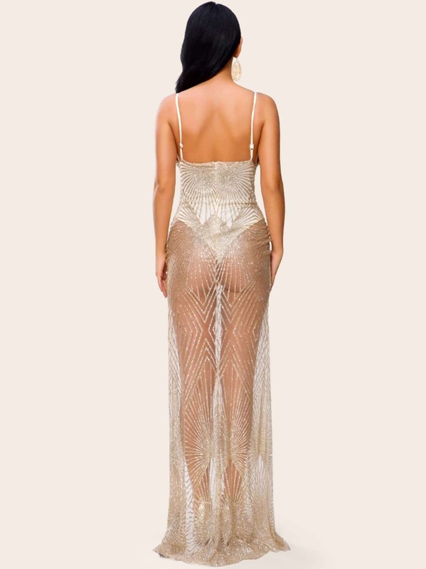 

Missord Split Thigh Bodysuit Insert Sequin Mesh Slip Dress, Gold
