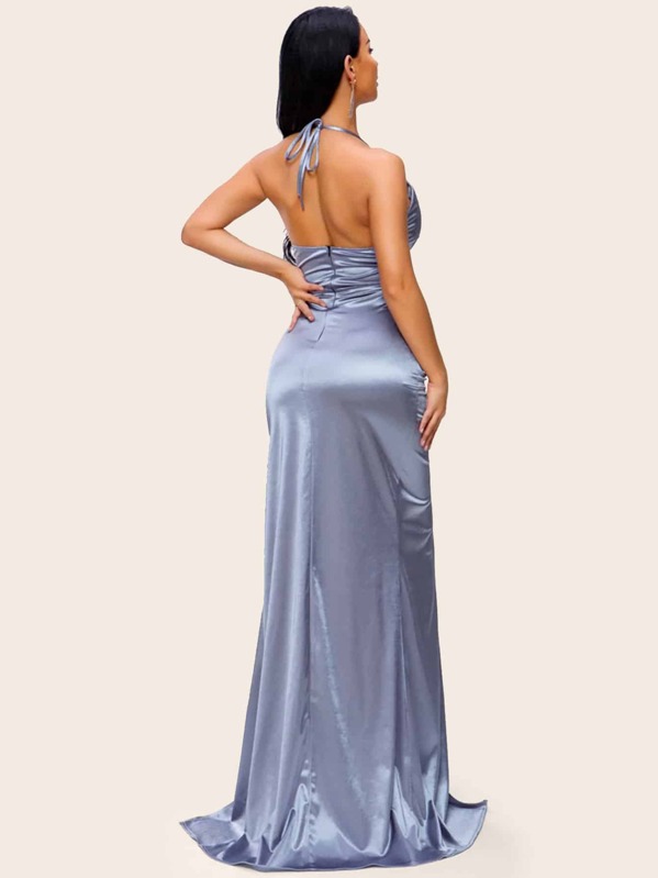 

Split Thigh Ruched Satin Maxi Halter Dress, Pastel dusty blue
