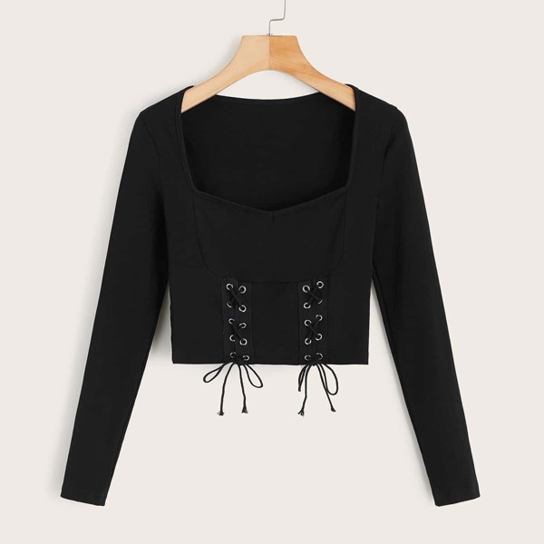 

Lace-up Square Neck Crop Top