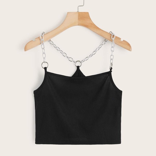 

Solid Ribbed Chain Cami Top, Black
