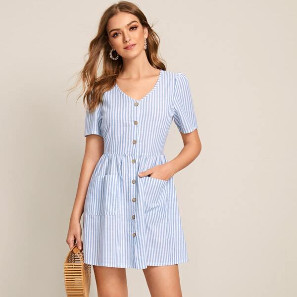

Dual Pocket Button Through Stripe Dress