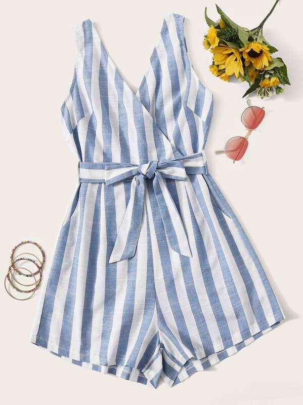 

Tie Waist Surplice Stripe Romper, Blue