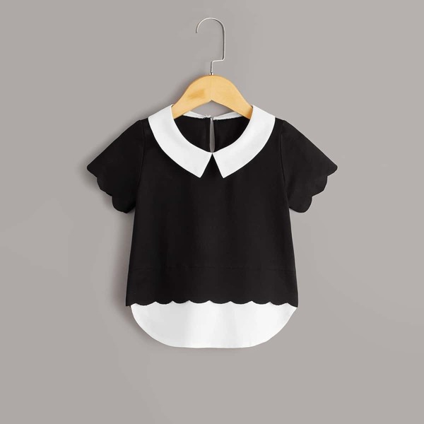 

Toddler Girls Contrast Collar Scallop Trim Blouse, Black and white
