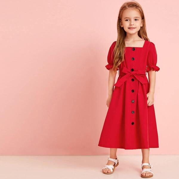 

Toddler Girls Square Neck Button Front Belted A-line Dress, Red