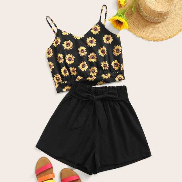 

Sunflower Print Tie Back Crop Cami Top With Belted Shorts