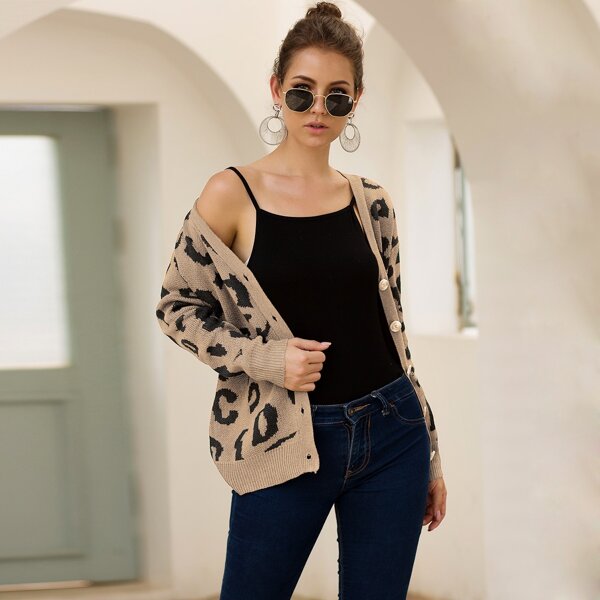 

Leopard Print Single Breasted Cardigan, Multicolor