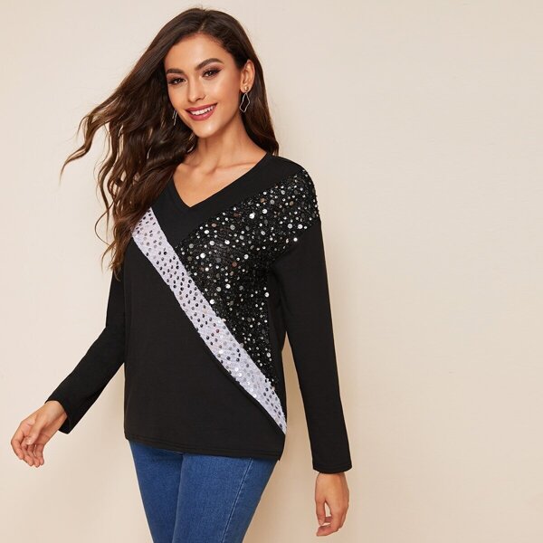 

Cut And Sew Sequin Panel Tee
