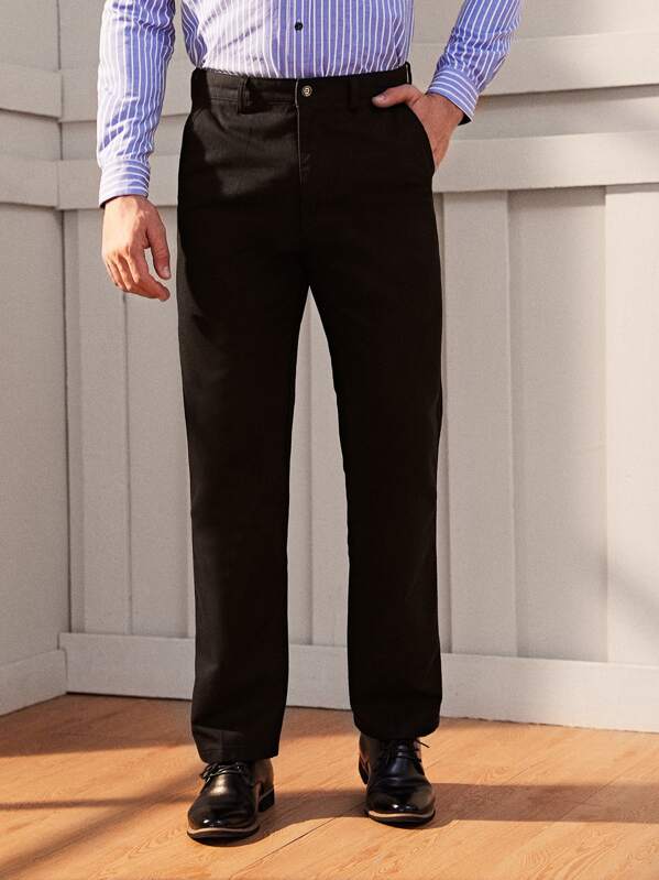 

Men Button Waist Solid Dress Pants, Black, Roni Maion