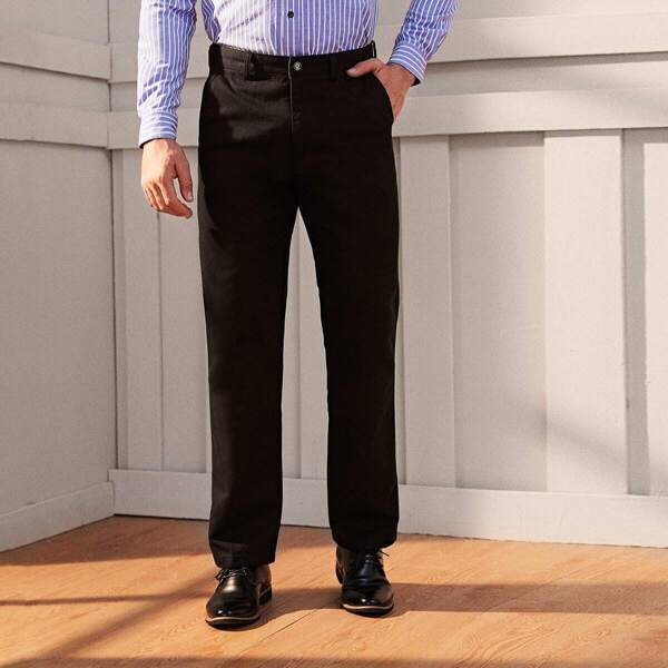 

Men Button Waist Solid Dress Pants, Black