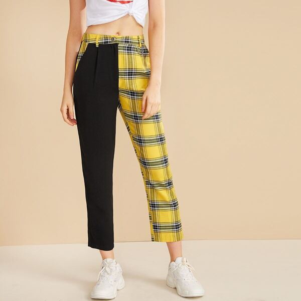

Contrast Plaid Panel Pocket O-Ring Decoration Pants