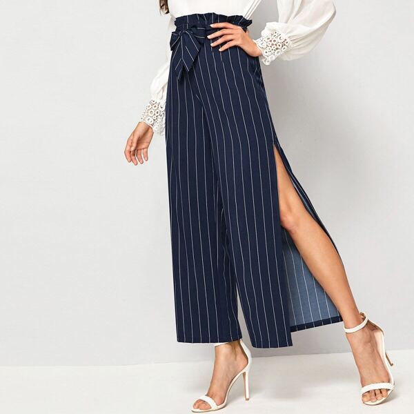 

Self Tie Striped Slit Wide Leg Pants