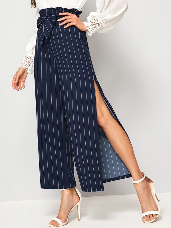 

Self Tie Striped Slit Wide Leg Pants, Navy, Carol