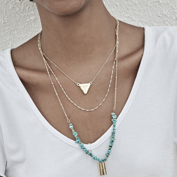 

Stone & Geometric Charm Layered Chain Necklace 1pc, Gold