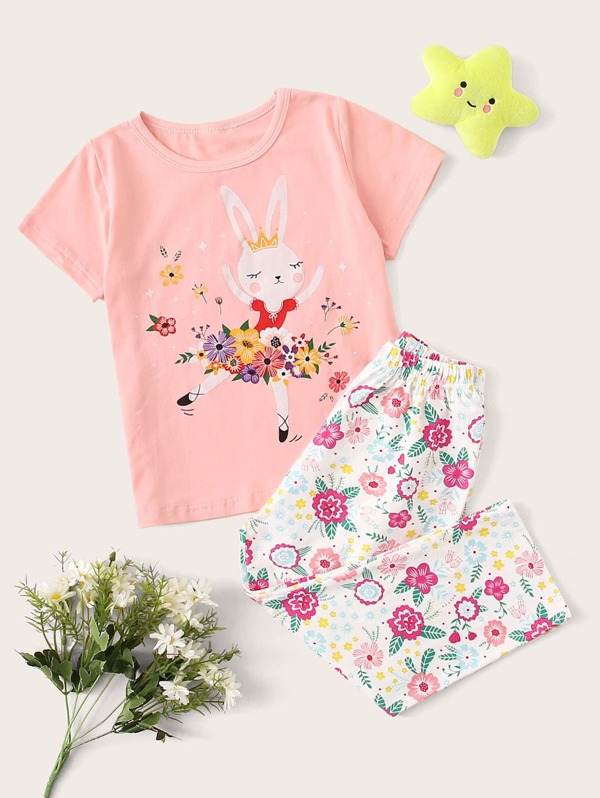 

Toddler Girls Rabbit & Flower Print Pajama Set, Multicolor
