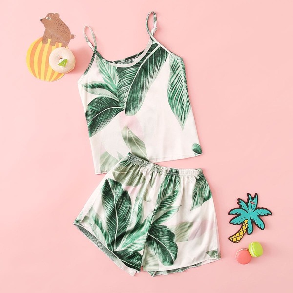 

Girls Tropical Print Satin Cami PJ Set, Multicolor