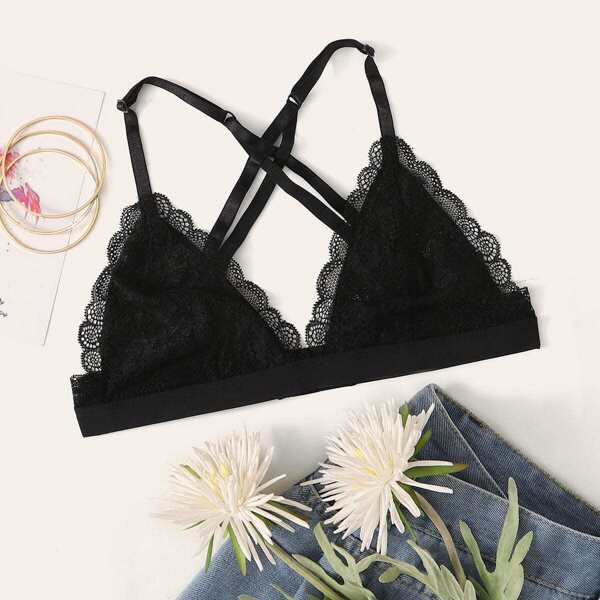

Scalloped Lace Trim Crisscross Bralette