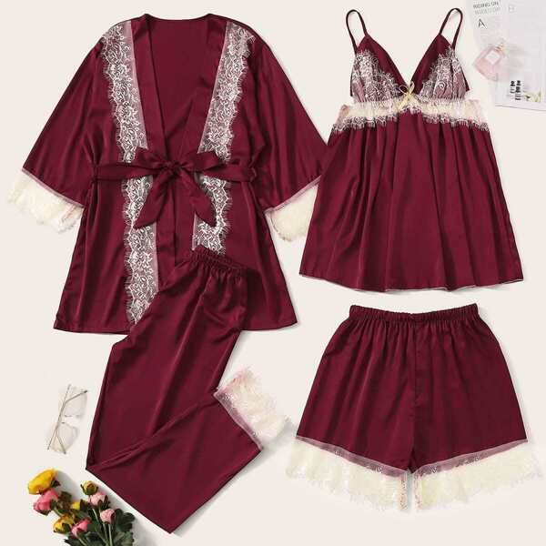 

4pcs Contrast Lace Cami PJ Set With Robe