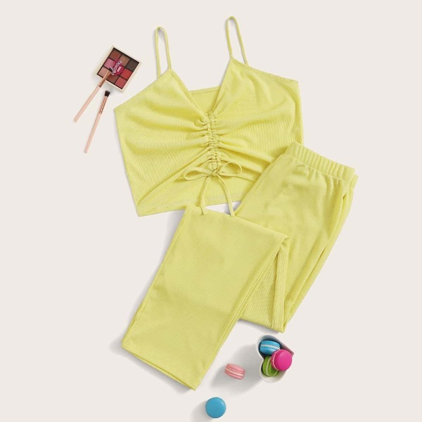 

Rib Ruched Cami Top With Pants PJ Set