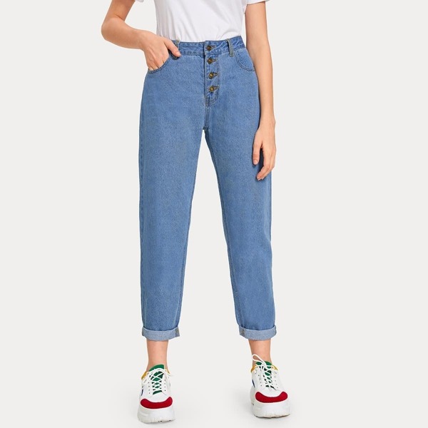 

Solid Roll Hem Button Fly Mom Jeans, Blue
