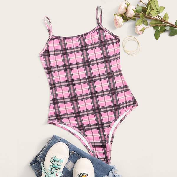 

Plaid Skinny Cami Bodysuit, Pink