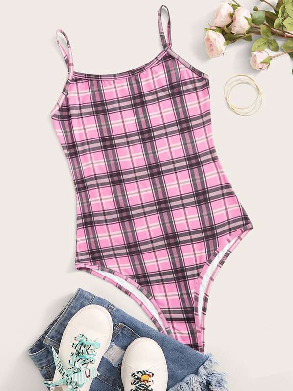 

Plaid Skinny Cami Bodysuit, Pink