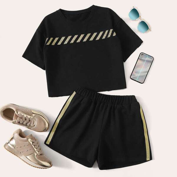 

Striped Tee With Contrast Taped Elastic Waist Shorts, Black