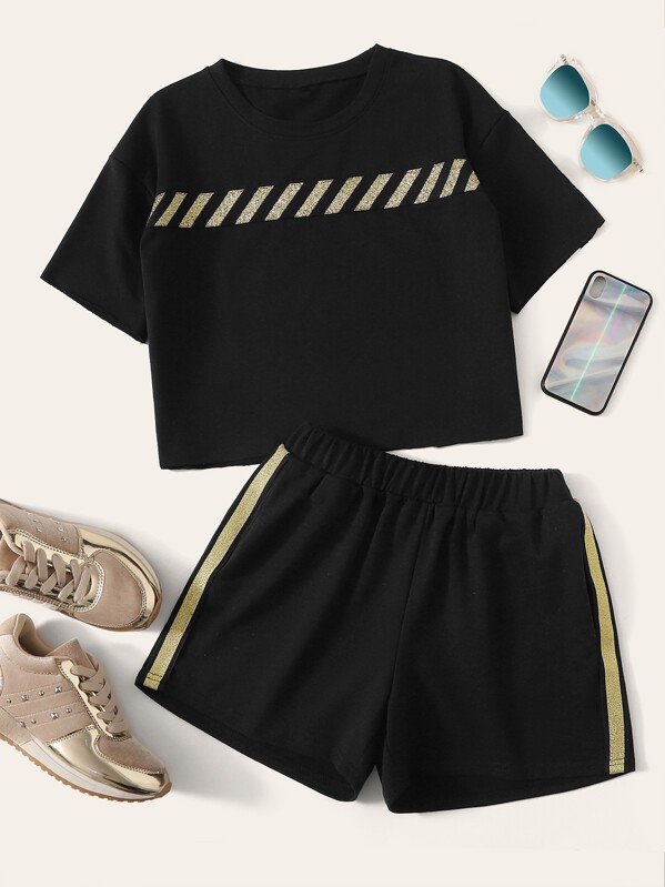 

Striped Tee With Contrast Taped Elastic Waist Shorts, Black