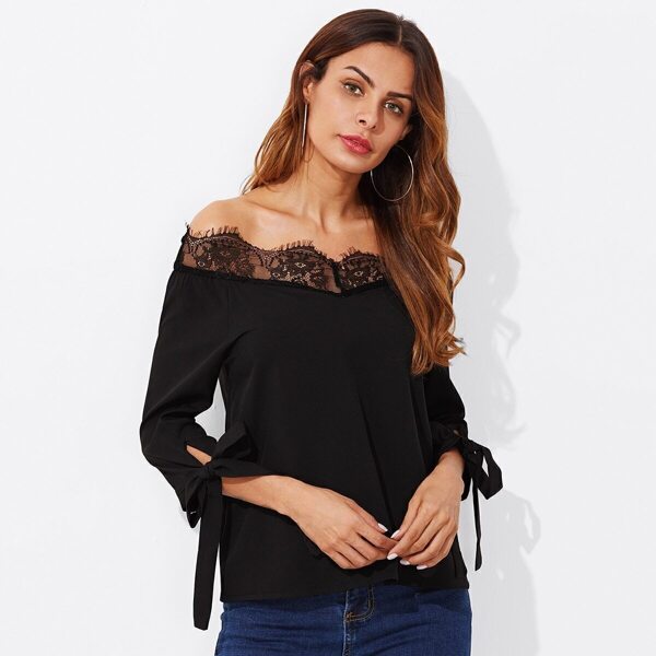 

Lace Trim Off Shoulder Knotted Sleeve Top, Black
