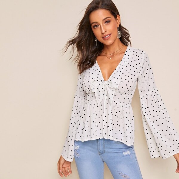 

Polka-dot Tie Front Ruffle Trim Top