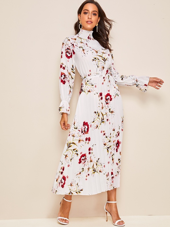 

Floral Print Pleated Hem Shirred Dress, White, Mary P.