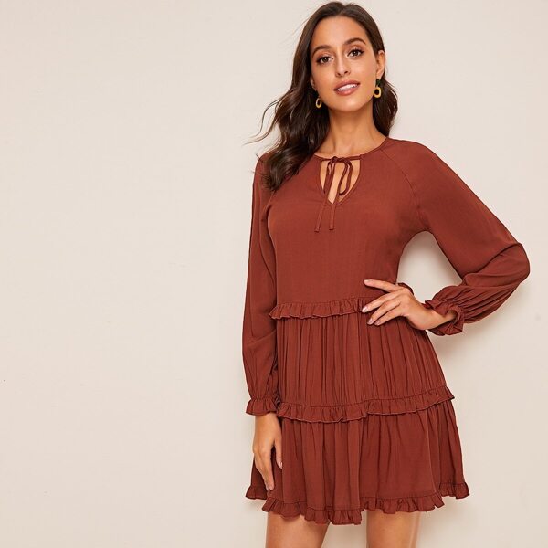 

Solid Frill Layered Hem Tie Front Dress