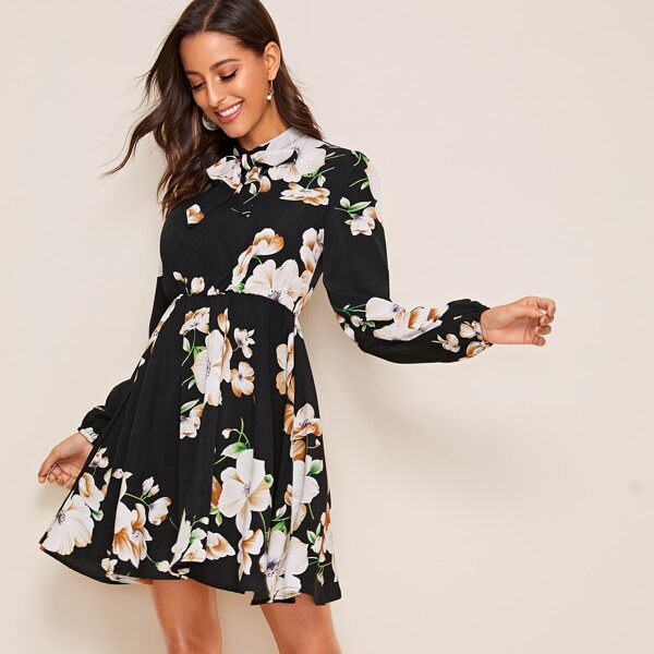 

Floral Print Tie Neck Fit & Flare Dress