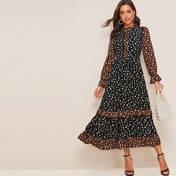 

Dot Print Ruffle Trim Button Front Dress, Black