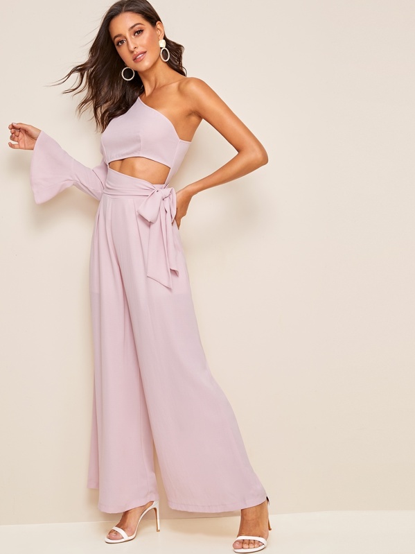 

Solid One Shoulder Knotted Wide Leg Jumpsuit, Pink, Mary P.