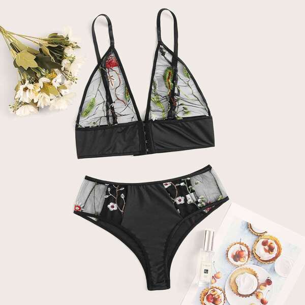 

Floral Embroidered Sheer Lingerie Set