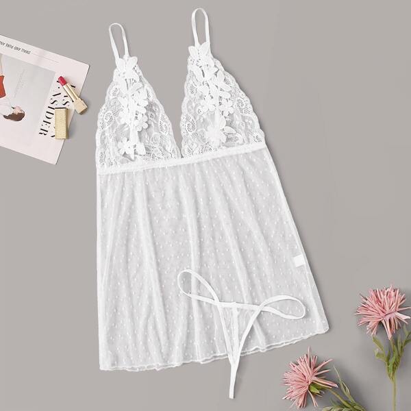 

Floral Lace Sheer Cami Dress With Thong, White