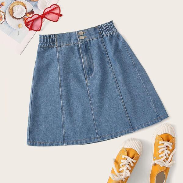 

Topstitching A-line Elastic Waist Denim Skirt