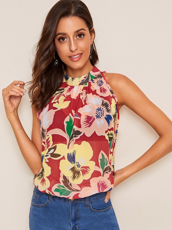 

Floral Print Keyhole Back Tank Top, Multicolor, Mary P.