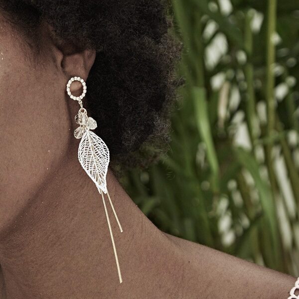 

Leaf & Rhinestone Decor Fringe Drop Earrings 1pair