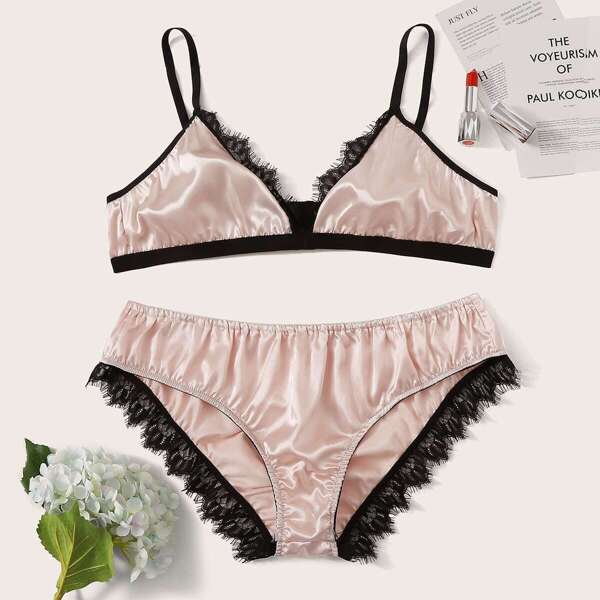 

Plus Lace Trim Satin Lingerie Set, Pink