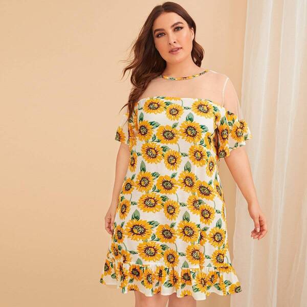 

Plus Sunflower Contrast Mesh Ruffle Hem Night Dress