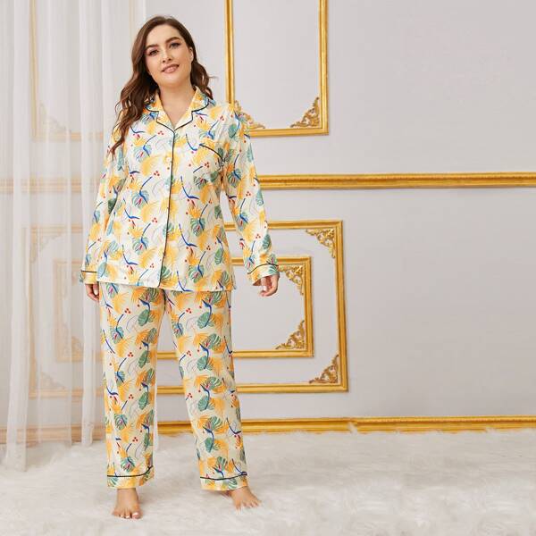 

Plus Leaf Print Button Front Pajama Set, Multicolor