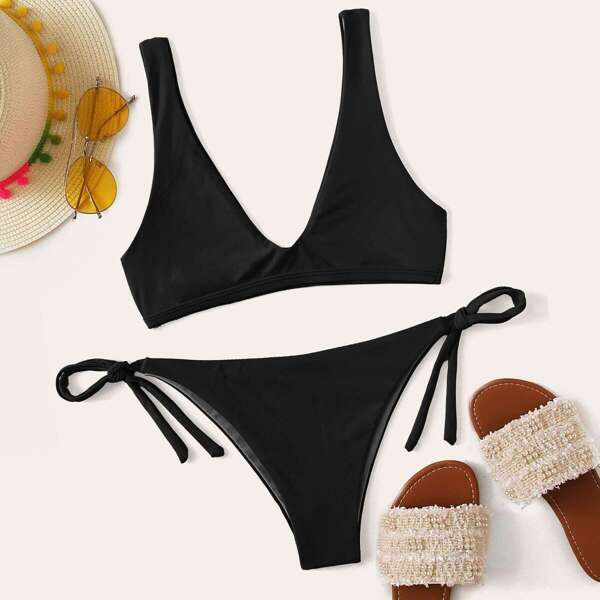 

V Neck Top With Tie Side Bikini Set